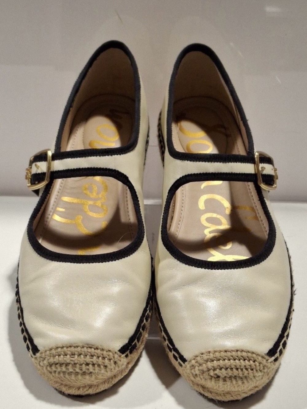 Sam Edelman Cream and Black Espadrille Flats with Gold Buckle